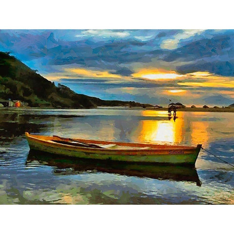 Sunset with green Boat Gold Ornate Wood Framed Art Print with Double Matting by Medeiros, Celito