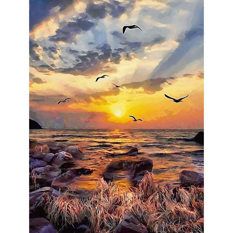 Seagulls by Sunset White Modern Wood Framed Art Print by Medeiros, Celito