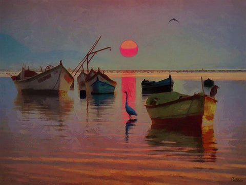 Boats with pink Sun White Modern Wood Framed Art Print with Double Matting by Medeiros, Celito