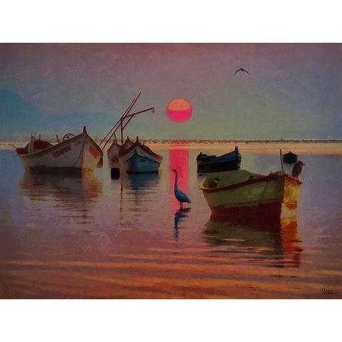 Boats with pink Sun Gold Ornate Wood Framed Art Print with Double Matting by Medeiros, Celito