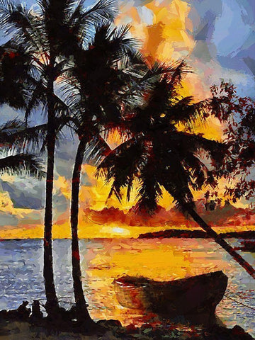 Boat under Palms Black Ornate Wood Framed Art Print with Double Matting by Medeiros, Celito