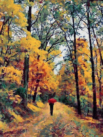 Autumn Walk with Red Umbrella White Modern Wood Framed Art Print with Double Matting by Medeiros, Celito