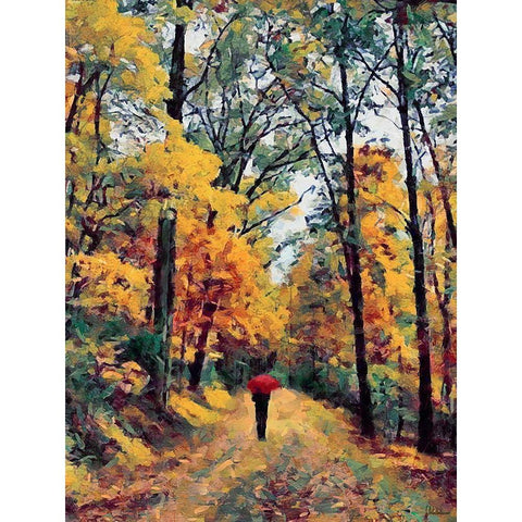 Autumn Walk with Red Umbrella Gold Ornate Wood Framed Art Print with Double Matting by Medeiros, Celito