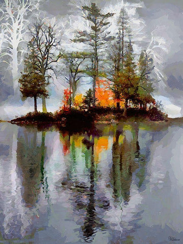 Autumn Island in the Lake Black Ornate Wood Framed Art Print with Double Matting by Medeiros, Celito