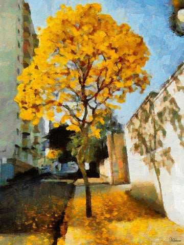 Yellow Flowering Tree Black Ornate Wood Framed Art Print with Double Matting by Medeiros, Celito