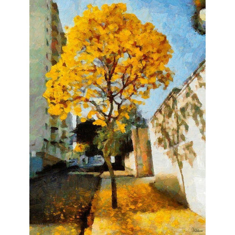 Yellow Flowering Tree Black Modern Wood Framed Art Print with Double Matting by Medeiros, Celito