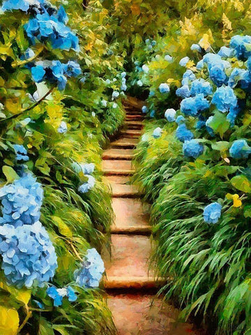 Stairs between Hydrangeas Black Ornate Wood Framed Art Print with Double Matting by Medeiros, Celito