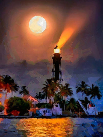 Lighthouse with Full Moon Black Ornate Wood Framed Art Print with Double Matting by Medeiros, Celito