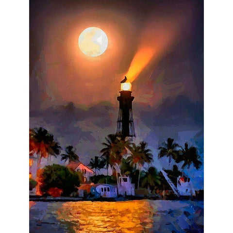 Lighthouse with Full Moon Black Modern Wood Framed Art Print with Double Matting by Medeiros, Celito