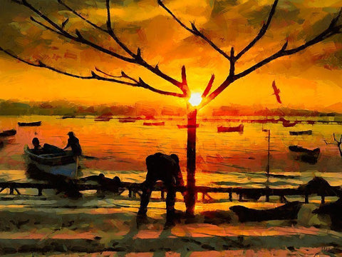 Small Harbour by Sunset I White Modern Wood Framed Art Print with Double Matting by Medeiros, Celito