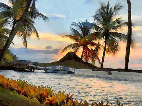 Palms near Sea II White Modern Wood Framed Art Print with Double Matting by Medeiros, Celito