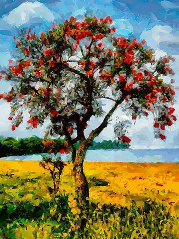 Red Tree on a Yellow Field Black Ornate Wood Framed Art Print with Double Matting by Medeiros, Celito