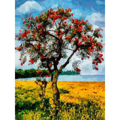 Red Tree on a Yellow Field Black Modern Wood Framed Art Print by Medeiros, Celito