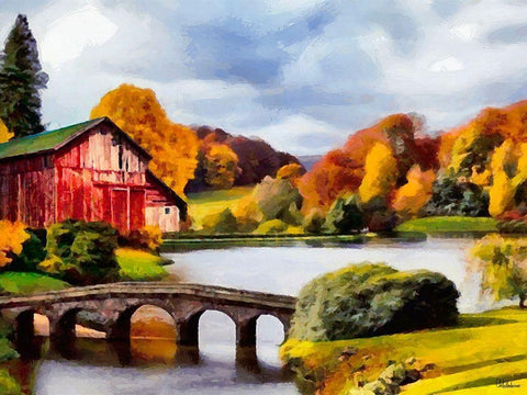 Red House with Stone Bridge Black Ornate Wood Framed Art Print with Double Matting by Medeiros, Celito