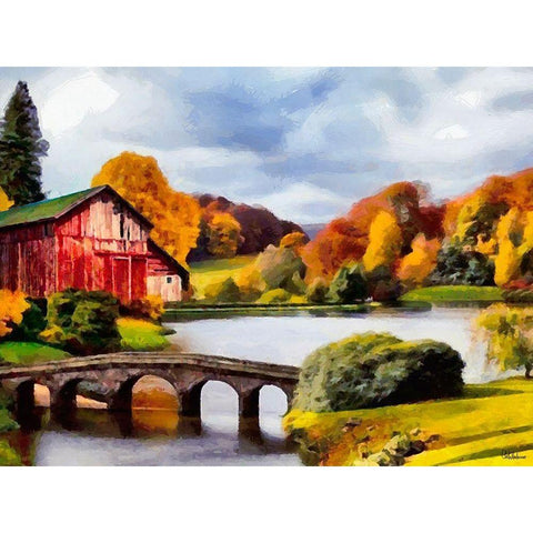 Red House with Stone Bridge Black Modern Wood Framed Art Print by Medeiros, Celito