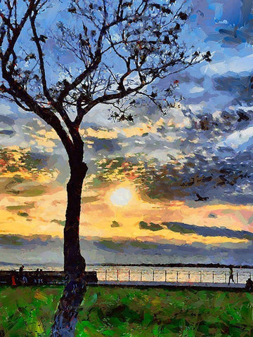 A Tree at Sunset Black Ornate Wood Framed Art Print with Double Matting by Medeiros, Celito