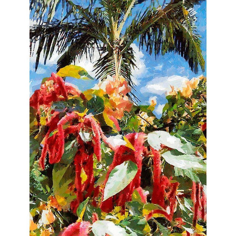 Tropical Flowers with a Palm Black Modern Wood Framed Art Print with Double Matting by Medeiros, Celito