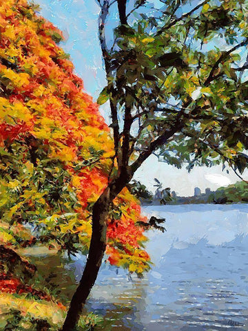 Flowering Tree near the Lake White Modern Wood Framed Art Print with Double Matting by Medeiros, Celito