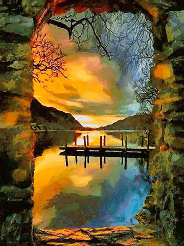 Lake view White Modern Wood Framed Art Print with Double Matting by Medeiros, Celito