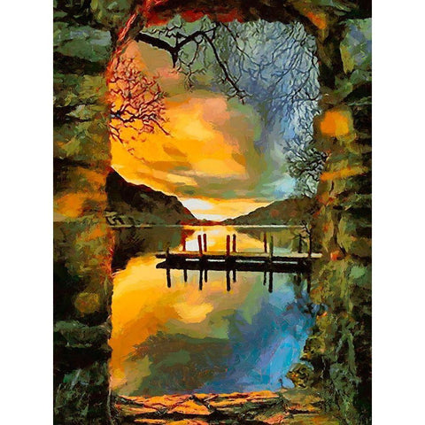 Lake view Gold Ornate Wood Framed Art Print with Double Matting by Medeiros, Celito