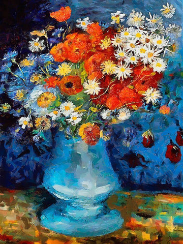 Vase with Flowers on blue Background White Modern Wood Framed Art Print with Double Matting by Medeiros, Celito