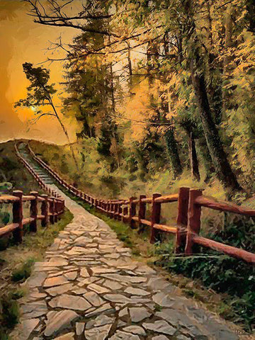 Sidewalk with Wooden Railings Black Ornate Wood Framed Art Print with Double Matting by Medeiros, Celito