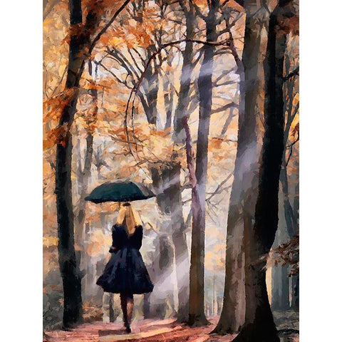 Lady with Black Umbrella White Modern Wood Framed Art Print by Medeiros, Celito