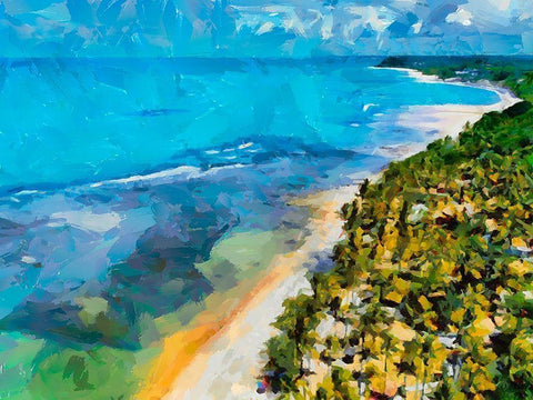 Beach by the Azure Sea I White Modern Wood Framed Art Print with Double Matting by Medeiros, Celito