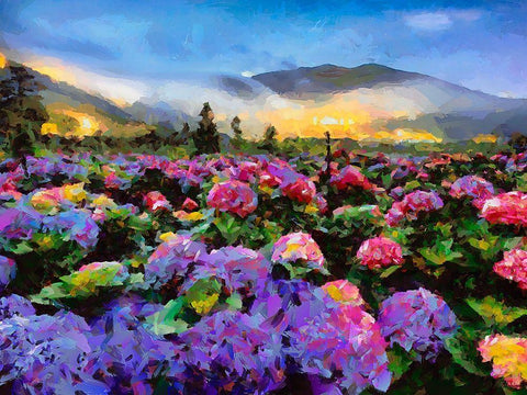 Landscape with Pink Flowers II Black Ornate Wood Framed Art Print with Double Matting by Medeiros, Celito