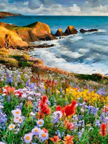 Flowers in the Meadow by the Sea I White Modern Wood Framed Art Print with Double Matting by Medeiros, Celito