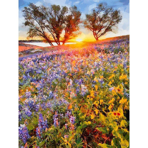 Sunrise over a Meadow with blue Flowers Black Modern Wood Framed Art Print with Double Matting by Medeiros, Celito