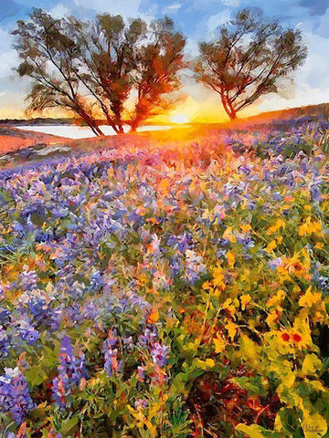 Sunrise over a Meadow with blue Flowers Black Ornate Wood Framed Art Print with Double Matting by Medeiros, Celito