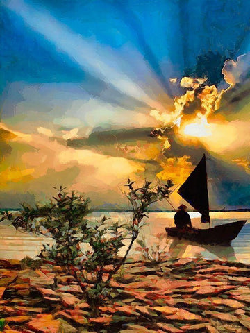 Fisherman in the Evening White Modern Wood Framed Art Print with Double Matting by Medeiros, Celito