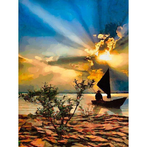 Fisherman in the Evening Black Modern Wood Framed Art Print by Medeiros, Celito