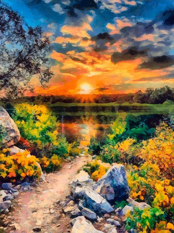 Sunset with Stones Black Ornate Wood Framed Art Print with Double Matting by Medeiros, Celito