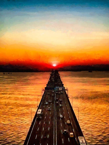 Sunset over the Bridge White Modern Wood Framed Art Print with Double Matting by Medeiros, Celito