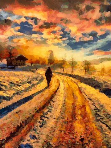 Winter Walk Black Ornate Wood Framed Art Print with Double Matting by Medeiros, Celito