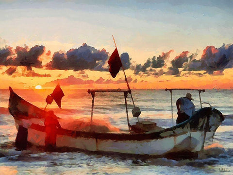 Boat by Sunset I Black Ornate Wood Framed Art Print with Double Matting by Medeiros, Celito