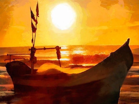 Boat by Sunset II Black Ornate Wood Framed Art Print with Double Matting by Medeiros, Celito