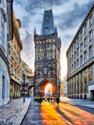 Powder Tower in Prague II Black Ornate Wood Framed Art Print with Double Matting by Medeiros, Celito