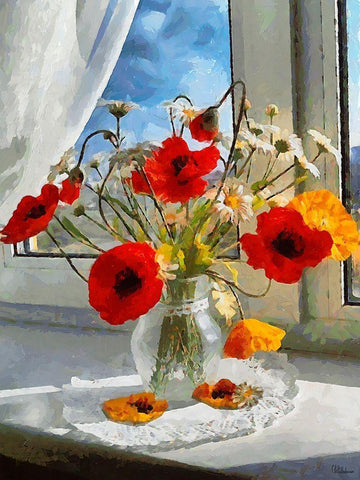 Red Poppies in Vase Black Ornate Wood Framed Art Print with Double Matting by Medeiros, Celito