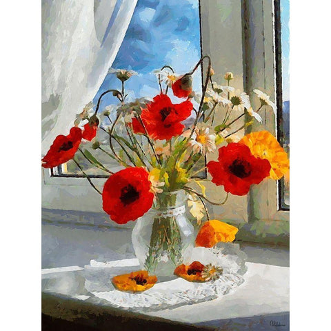 Red Poppies in Vase Black Modern Wood Framed Art Print with Double Matting by Medeiros, Celito