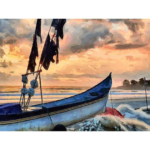 Boat by Sunset White Modern Wood Framed Art Print by Medeiros, Celito