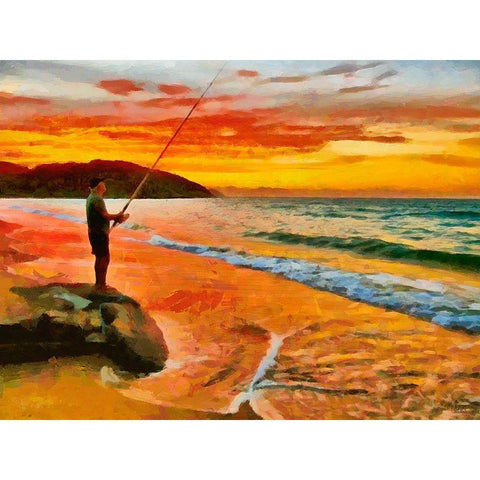 Fisherman by Sunset Black Modern Wood Framed Art Print with Double Matting by Medeiros, Celito