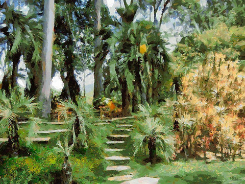 Palm Trees in Tropical Garden I Black Ornate Wood Framed Art Print with Double Matting by Medeiros, Celito