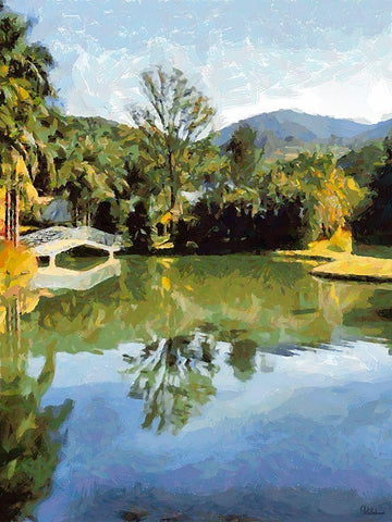 White Bridge above the Lake White Modern Wood Framed Art Print with Double Matting by Medeiros, Celito