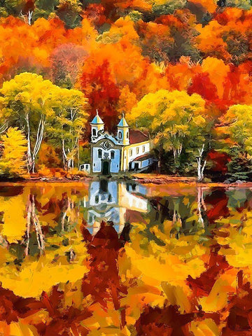 Churche by the Lake in Autumn Black Ornate Wood Framed Art Print with Double Matting by Medeiros, Celito