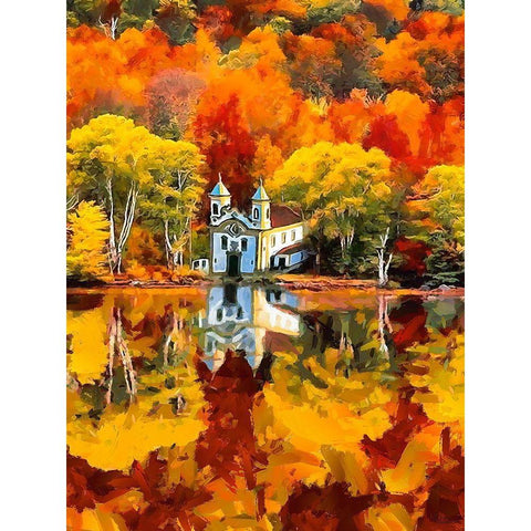 Churche by the Lake in Autumn White Modern Wood Framed Art Print by Medeiros, Celito
