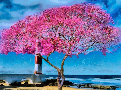 Pink Tree by Lighthouse White Modern Wood Framed Art Print with Double Matting by Medeiros, Celito