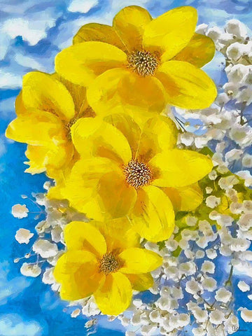 Yellow and White Flowers Black Ornate Wood Framed Art Print with Double Matting by Medeiros, Celito